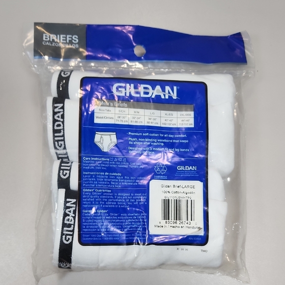 Gildan White Men’s Briefs 2-Pack with Black Branded Waistband - Picture 3 of 3